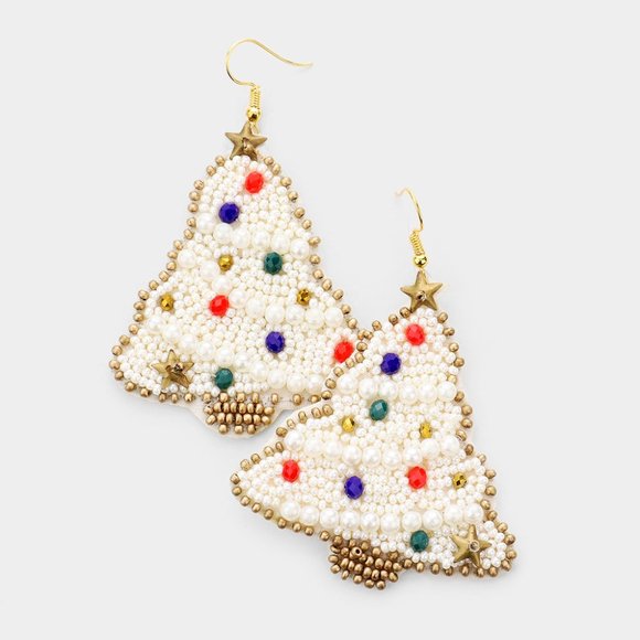 Christmas Earrings Tree Seed Beaded Holiday Jewelry 3"L Gold Star Felt Back WHT - Picture 1 of 1